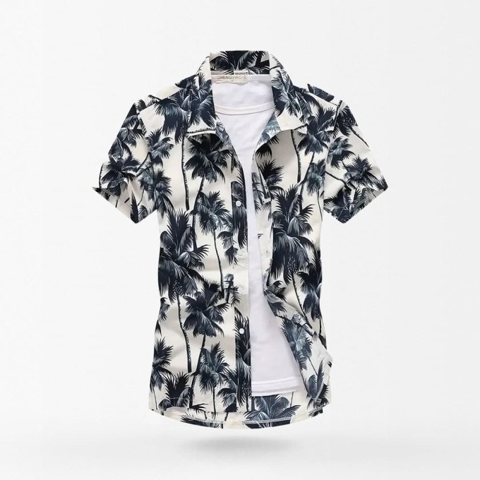 Weißes Hawaii-Hemd mit blauen Palmenmotiv