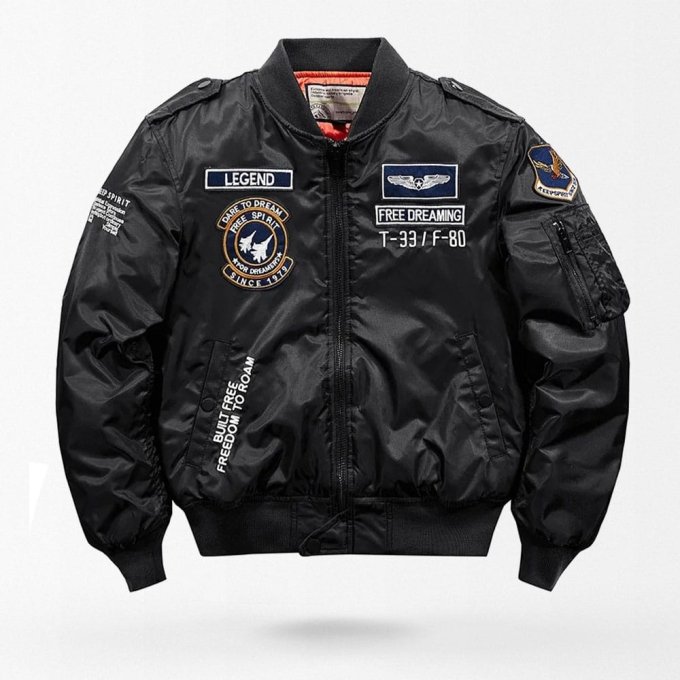 Schwarze MA-1 Fliegerjacke mit Aufnähern