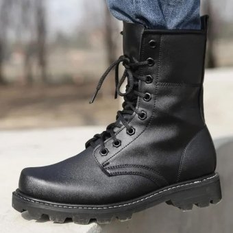 Schwarze taktische Leder-Kampfstiefel mit Stahlkappe